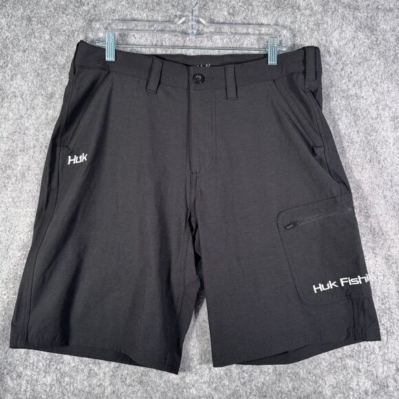 Huk Shorts Mens Size Large Black Cargo Fishing Performance Vented Mesh 35"x10" - Picture 1 of 11